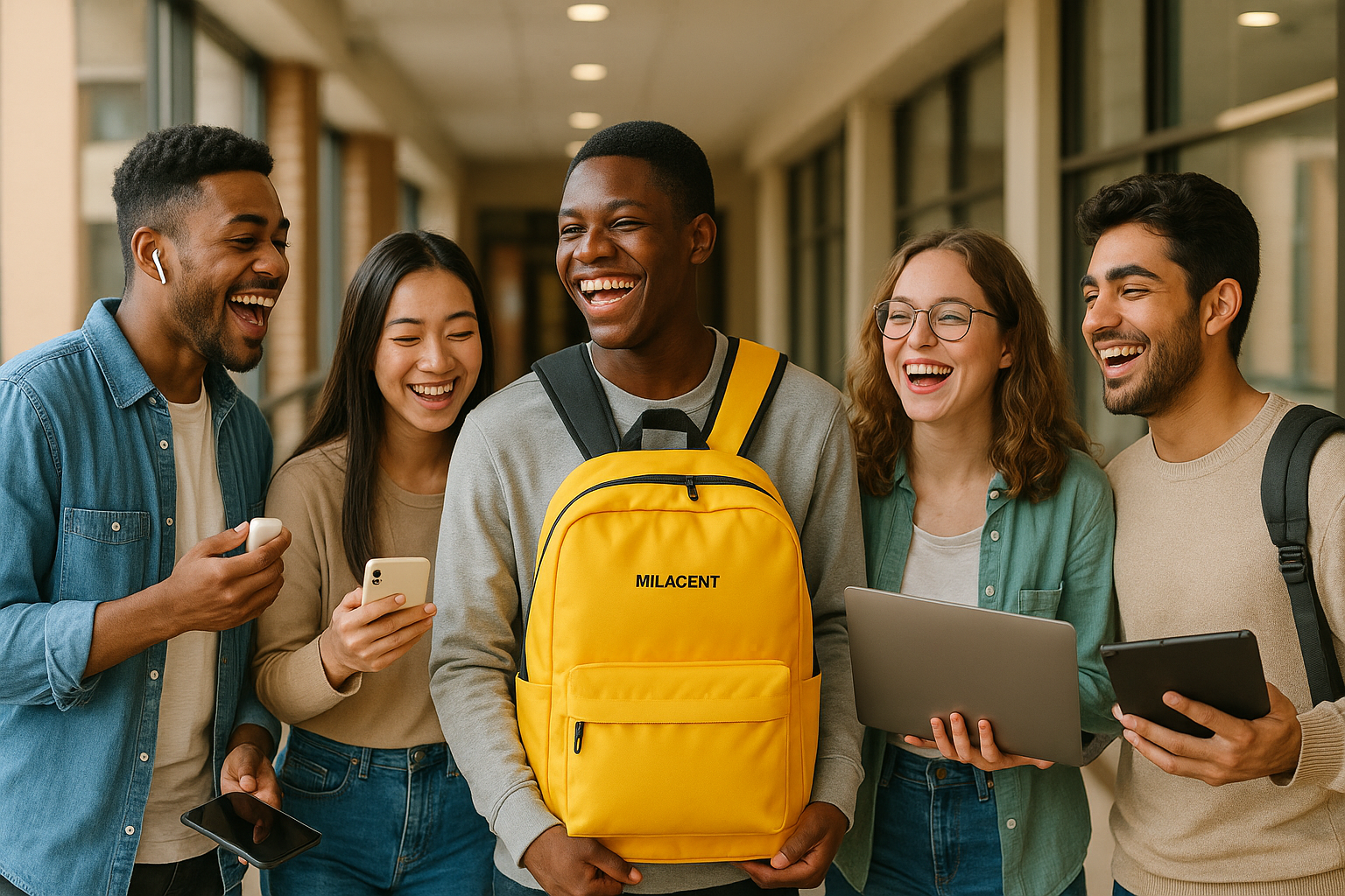 Place a fifth student carrying the yellow school bag